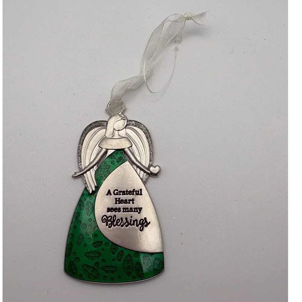 Angel Ornament Silver Green Grateful Heart Blessings Metal Christmas Religious